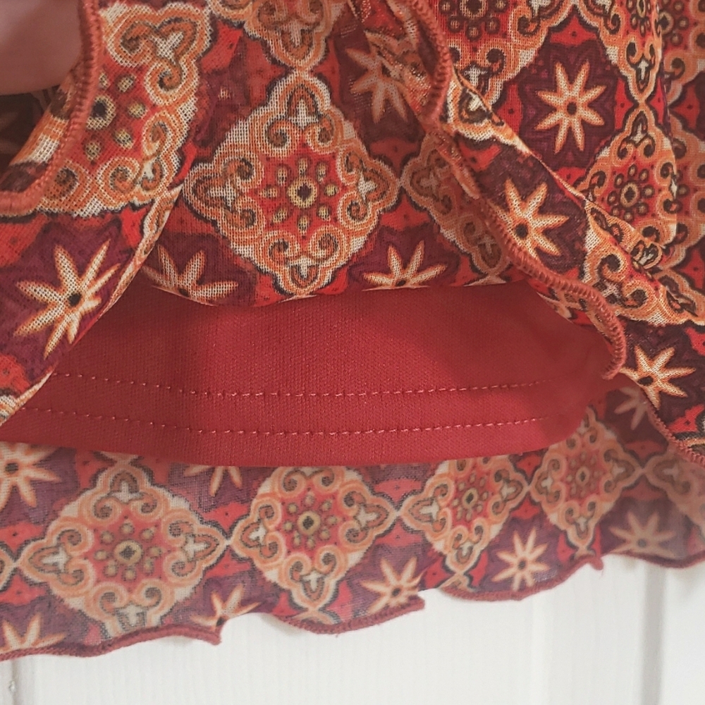 💐 VINTAGE 90's Boho Slip Skirt | Rust Orange Mustard Yellow Plum | MEDIUM - Picture 9 of 10